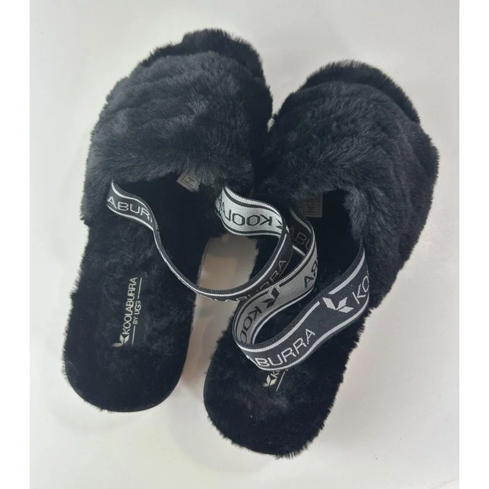 Koolaburra by UGG Fuzz'n II Black Cozy Slingback Ankle Strap Fleece Slippers 7 - Picture 7 of 12